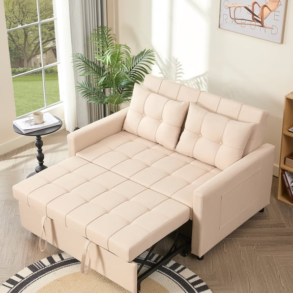 BIGSYY 52" Linen 3-in-1 Convertible Sleeper Sofa with Pull-Out Bed, Stepless Adjustable Backrest & Side Pocket - White