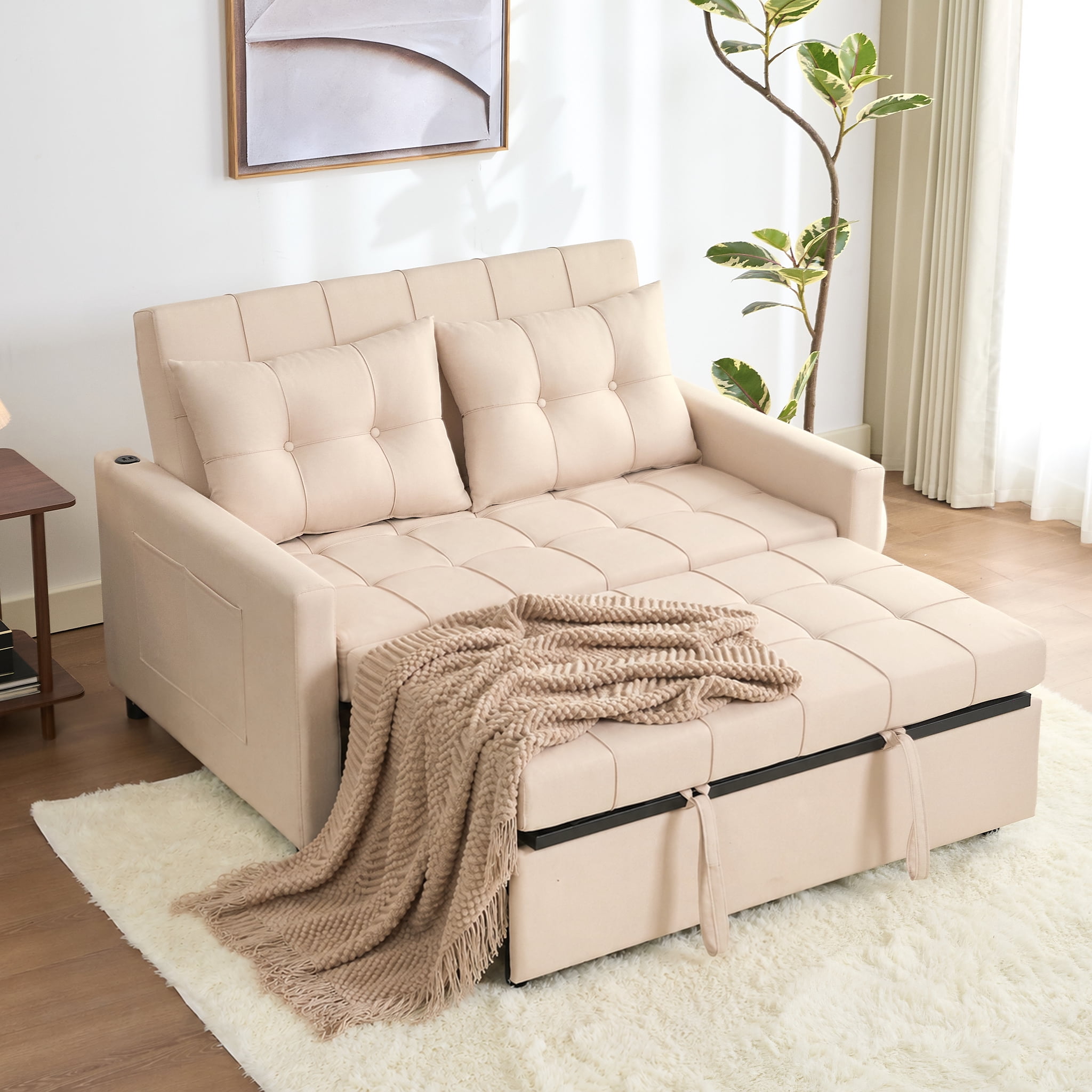 BIGSYY 52" Linen 3-in-1 Convertible Sleeper Sofa with Pull-Out Bed, Stepless Adjustable Backrest & Side Pocket - White