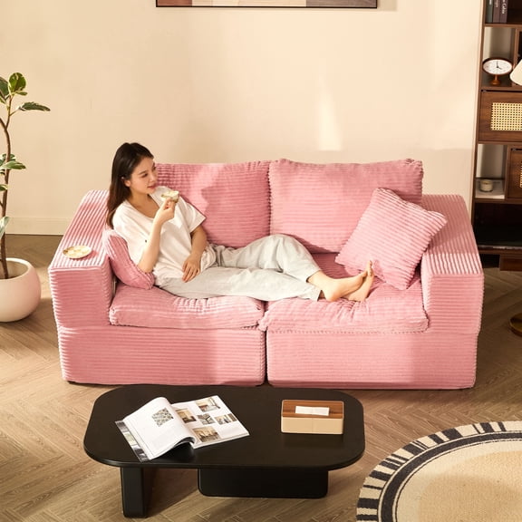 BIGSYY 74.8" Modular Couch, Deep Seat Modular Couch for Apartment Dwellers, No Assembly Required, Comfortable Sofa for Living Room, Corduroy, Corduroy, Pink