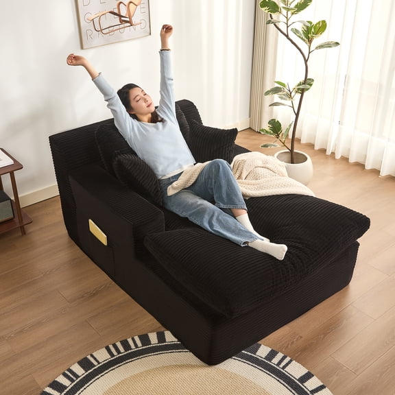 BIGSYY Chaise Lounge Chair, Floor Sofa Bed, No - Assembly Modern Design for Adults, Comfortable Foam Seat for Living Room & Bedroom, Corduroy, Black