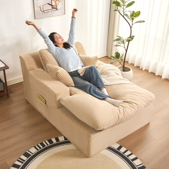 BIGSYY Chaise Lounge Chair, Floor Sofa Bed, No - Assembly Modern Design for Adults, Comfortable Foam Seat for Living Room & Bedroom, Corduroy, Camel