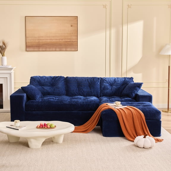 BIGSYY Modular Sectional Sofa, 102” L-Shaped Corduroy Couch with Ottoman, Deep Seat Comfy Sectional for Living Room, Soft Upholstered Cloud Couch for Apartment, Blue