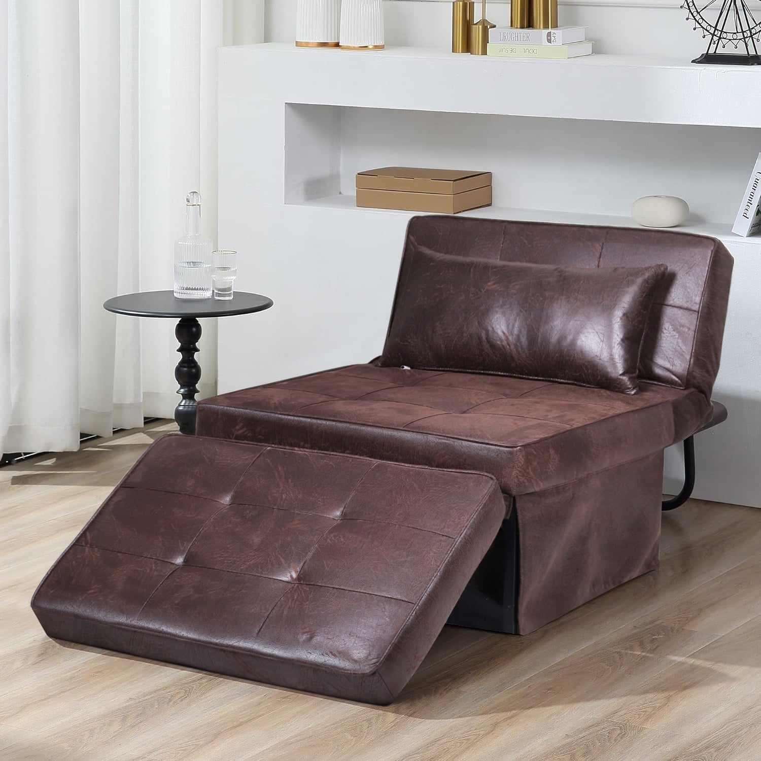BIGSYY 4-in-1 Multi-Function Folding Ottoman Velvet Couch Bed - Adjustable Backrest for All Ages, Ideal for Living Room, Apartment & Office, PU Imitation, Brown