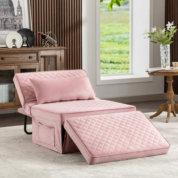 BIGSYY 4-in-1 Multi-Function Folding Ottoman Velvet Couch Bed - Adjustable Backrest for All Ages, Ideal for Living Room, Apartment & Office, Squared-Pink