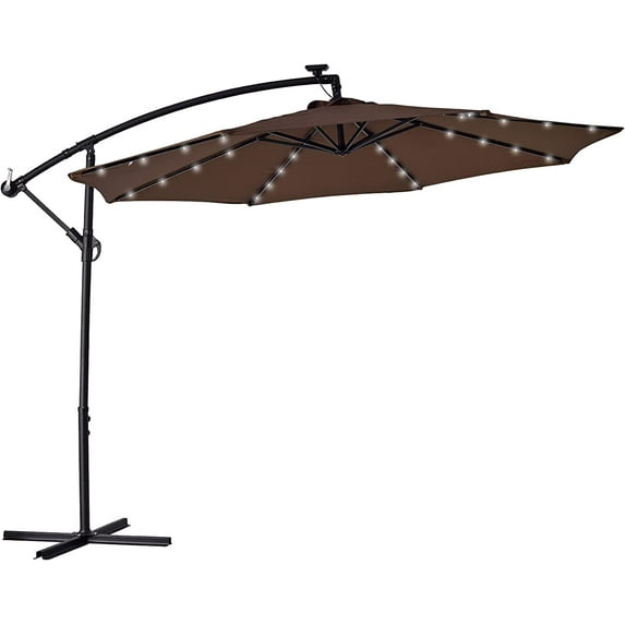 BIGTREE 10' Solar Lights Umbrella Side Hanging Offset Patio 360° Rotation Cross Base LED, Brown