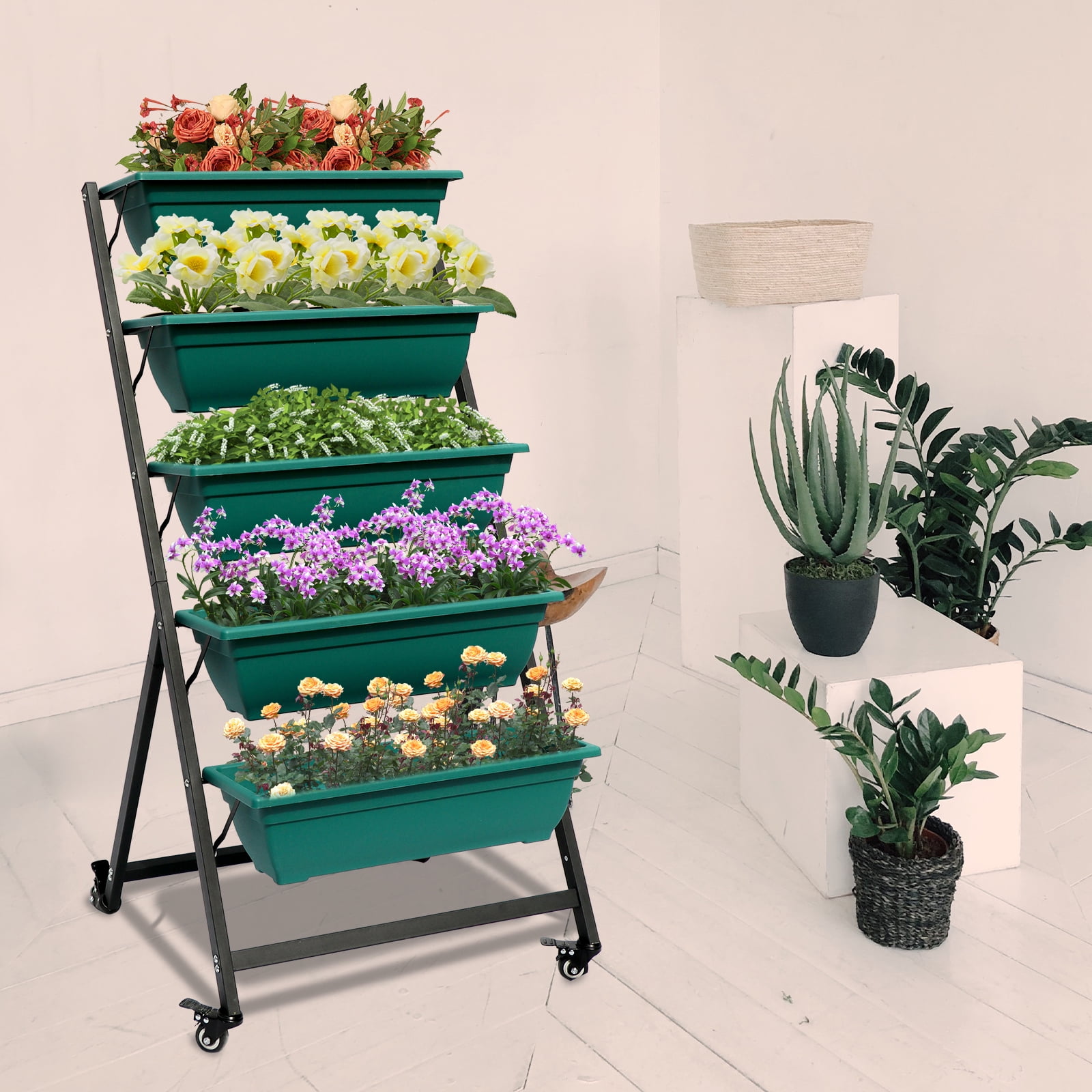 Green 5-Tier Vertical Raised Garden Bed with Wheels
