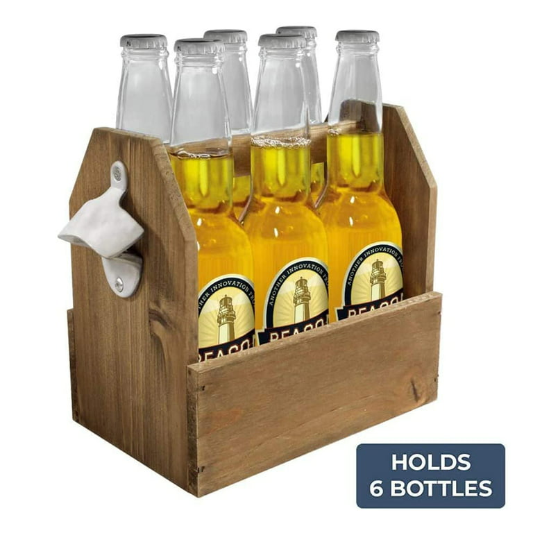 BIGTREE 6pk Wooden Beer Water Bottle Caddy with Built in Metal Opener,  Brown Drink Holder Carrier 