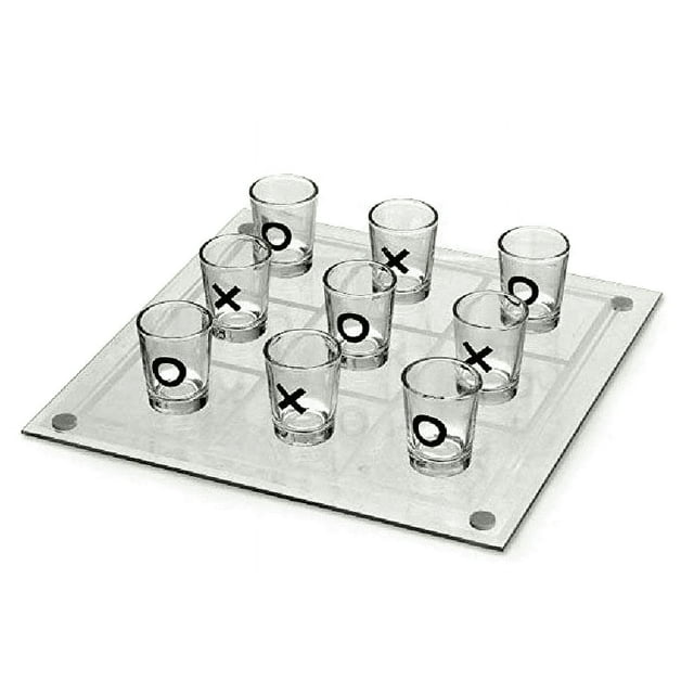 BIGTREE Glass Tic Tac Toe Shot Glass Party Time Playing Board Drinking Game, 10x10"