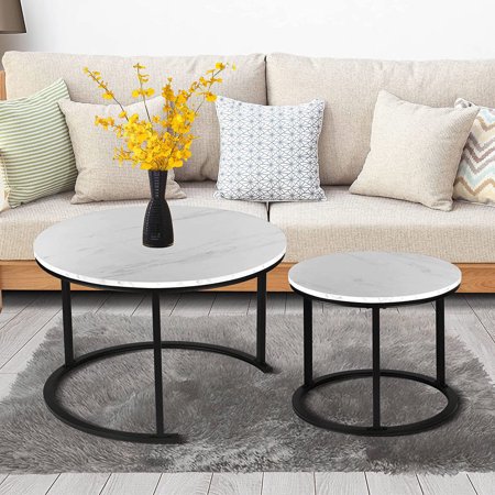 BIGTREE Modern Round Nesting Coffee Table Set 2 Pieces Solid Metal Black/White, 27 in