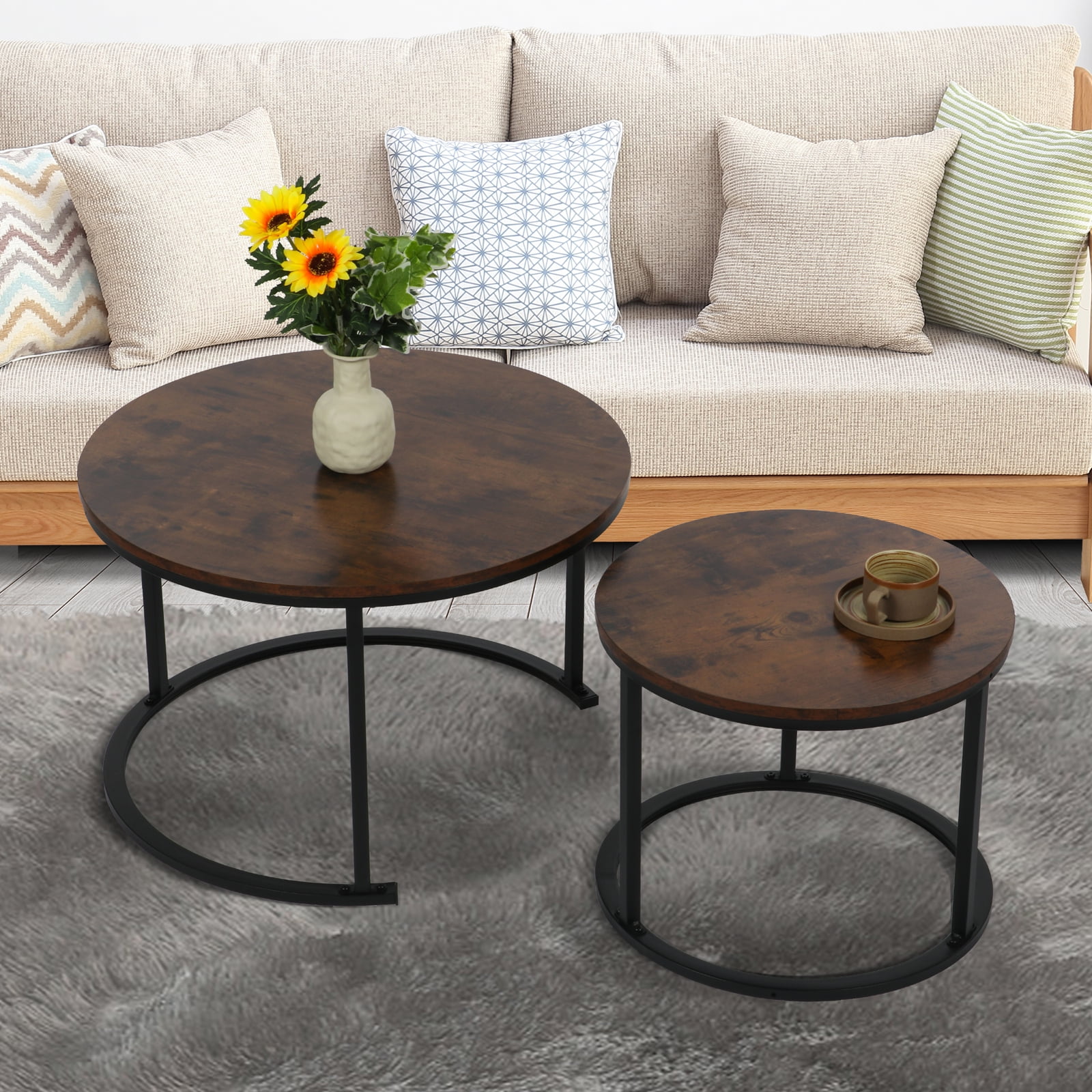 BIGTREE Living Room Side Coffee Table Set, 2pc Modern Round Nesting ...