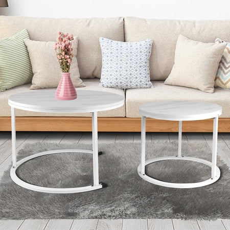 BIGTREE Modern Round Nesting Coffee Table Set 2pc Solid Metal Frame White 27"