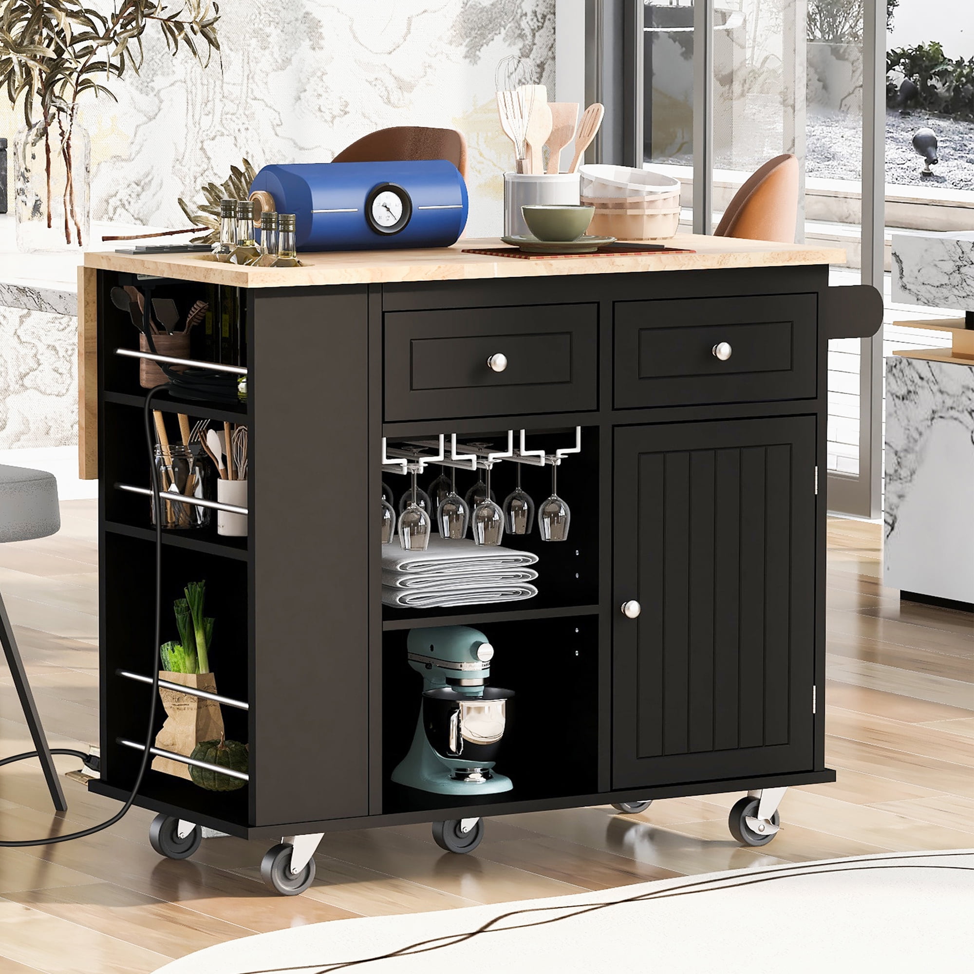 BIGTREE Wooden Rolling Storage Kitchen Island with Drawer Open Shelving