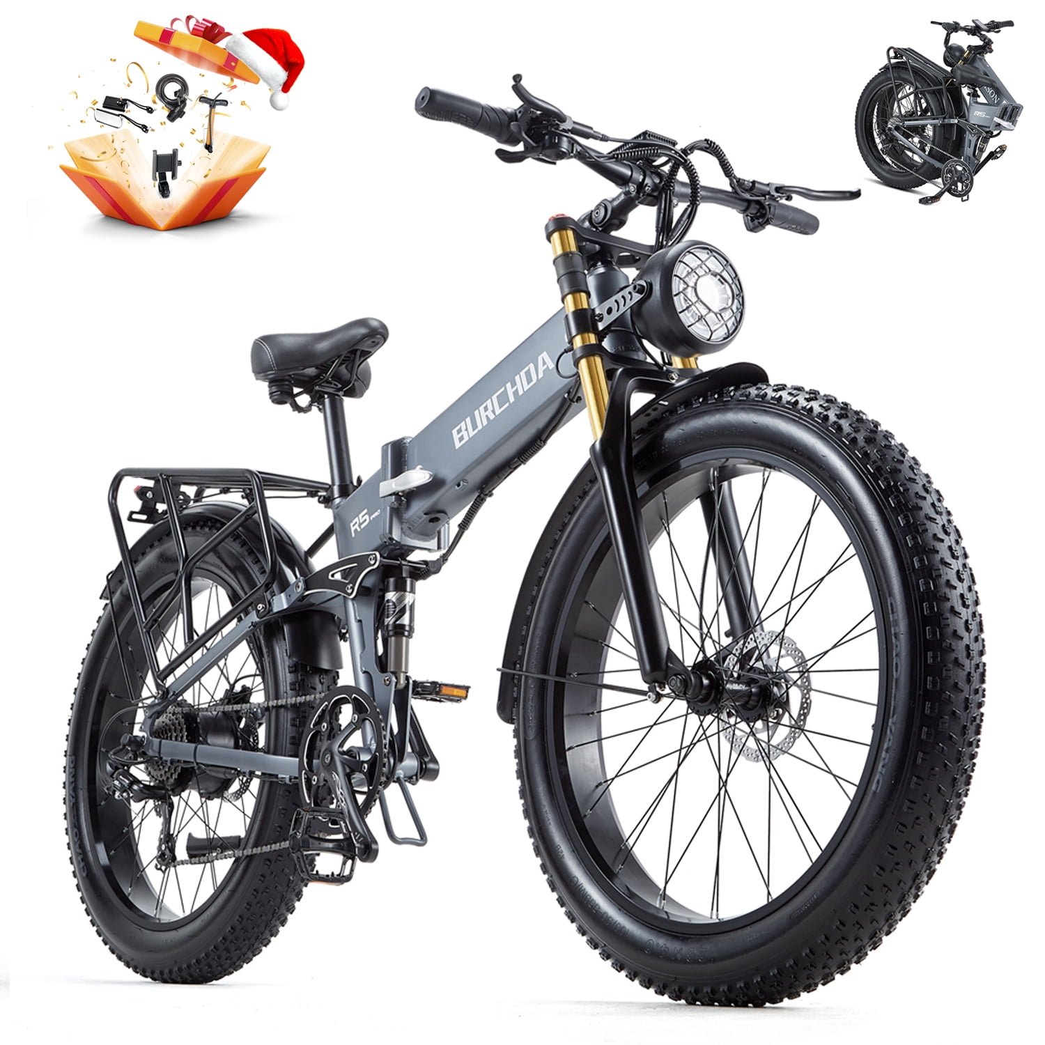BIGUODIR Folding Electric Bike for Adults, 1000W Peak 48V 20Ah Removable Battery, 26x4'' Fat Tire Full Suspension Mountain Ebike, 30MPH Snow Beach Electric Bicycles with Dual Hydraulic Disc Brake
