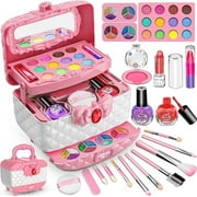 BIGUY 41 Pcs Kids Makeup Kit for Girl, Washable Girls Makeup Kit Toys for Kids with Real Cosmetic Case, Play Makeup Beauty Set, Make Up Birthday Gifts for 3 4 5 6 7 8 9 10 11 12 Years Old Kid(Pink)