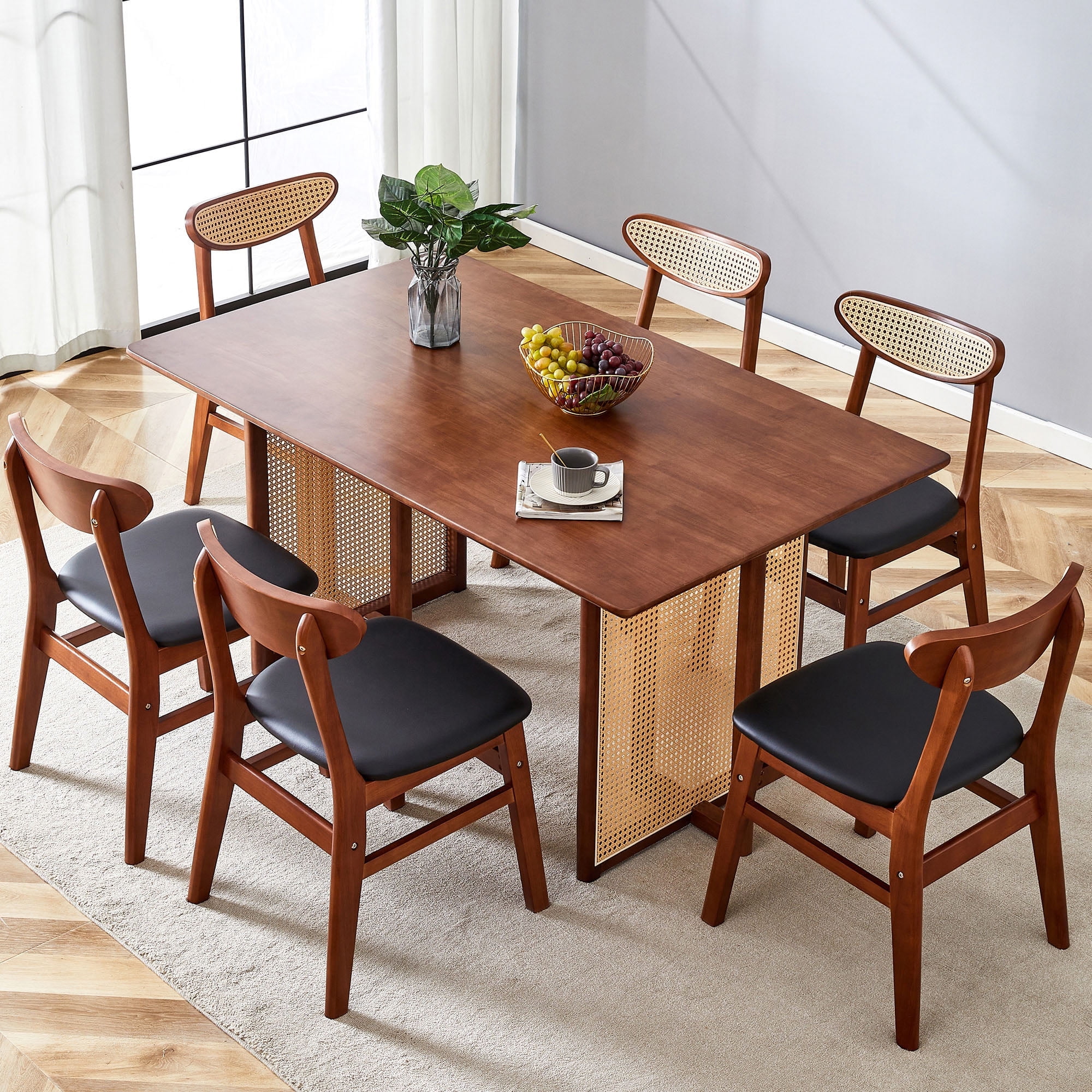 BIGWOO 7-Pcs Set Solid Wood Rectangle Dining Table and Chairs for ...