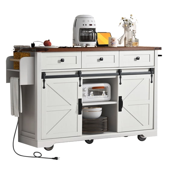 BIGWOO Farmhouse 2 Sliding Barn Door Kitchen Island with Power Outlet and Drop Leaf for Home Kitchen and Dining Room, White