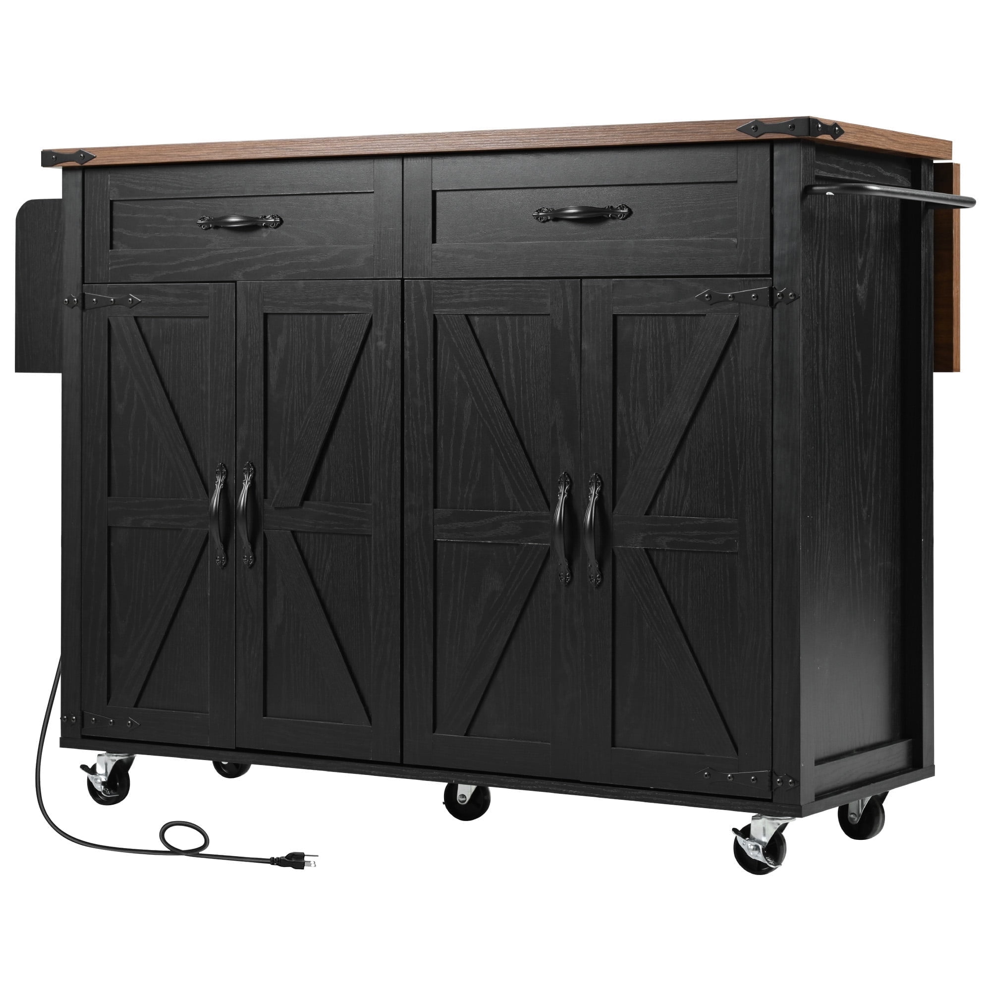 BIGWOO Farmhouse Kitchen Island with Power Outlet and Drop Leaf, Rolling Kitchen Cart on Wheels for Kitchen and Dining Room, Black