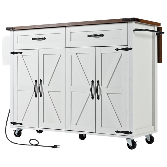 BIGWOO Farmhouse Kitchen Island with Power Outlet and Drop Leaf, Rolling Kitchen Cart on Wheels for Kitchen and Dining Room, White