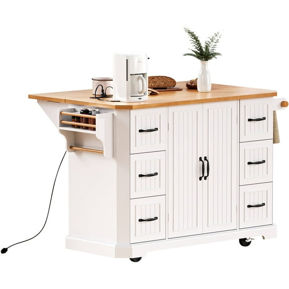 BIGWOO Kitchen Island with Drop Leaf and Power Outlet, Vertical Stripe Rolling Kitchen Cart for Kitchen or Dining Room,56 Inch White