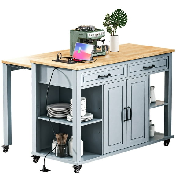 BIGWOO Kitchen Island with Extendable Dining Table,Rubber Wood Veneer Kitchen Table,47" Gray Blue