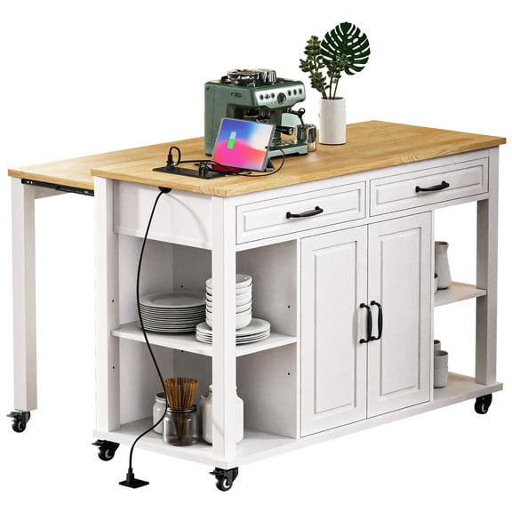 BIGWOO Kitchen Island with Extendable Dining Table,Rubber Wood Veneer Kitchen Table,47" White