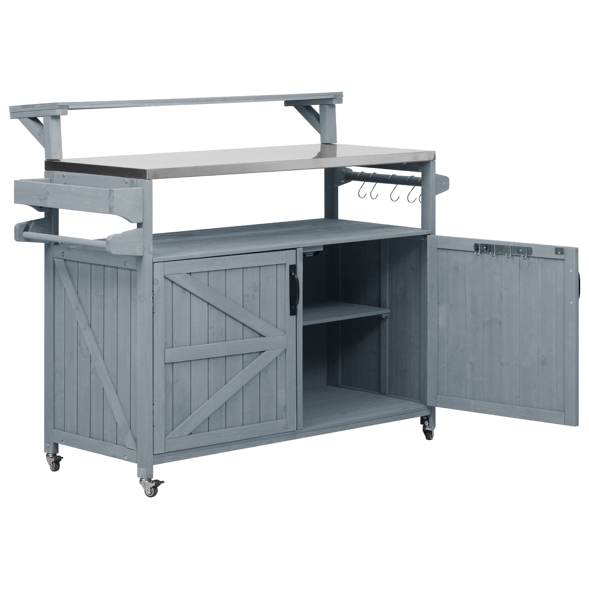 BIGWOO Outdoor Kitchen Island with Solid Wood Storage Cabinet with Stainless Steel Top, 53.3” Grayish Blue