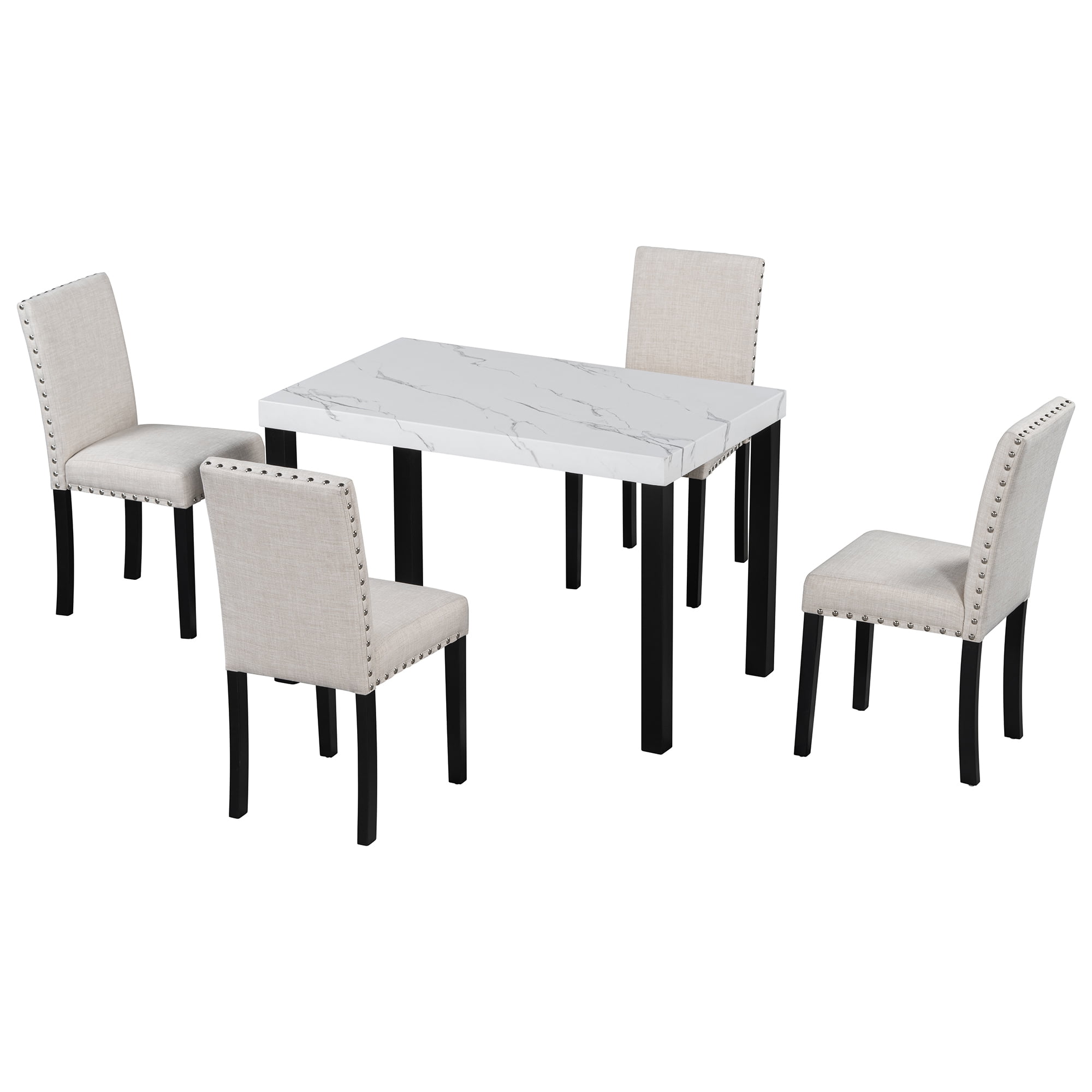 BIGWOO Solid Wood Dining Table with Imitation Marble Table Top and 4