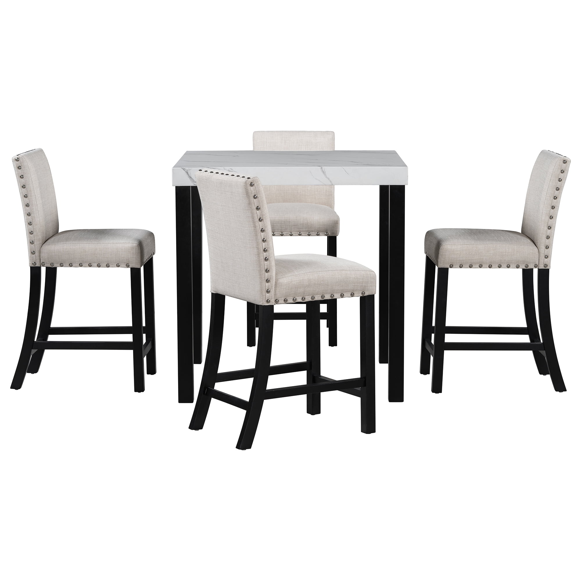 BIGWOO Solid Wood Dining Table with Imitation Marble Table Top and 4