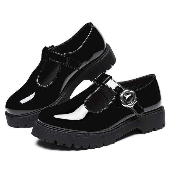 BIGWOW Girls Chunky Loafers Platform School Uniform Dress Shoes T-Strap Loafers for Girls Black 2 Big Kid