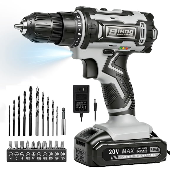 BIHOO Power Drill Cordless 20V,Electric Drill Set, with Battery and Charger, 3/8" Keyless, Chuck Drills Driver Kit for Home DIY Projects,Gray ﻿