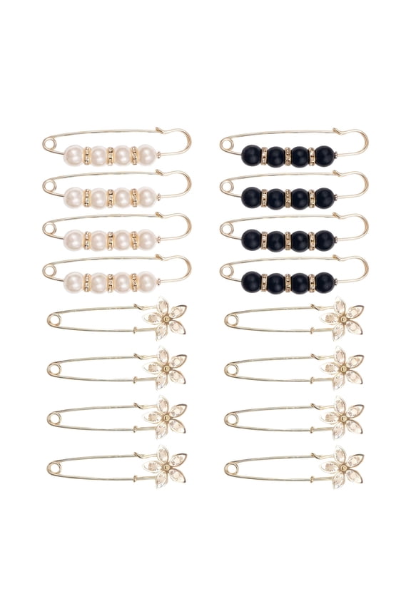 16PCS Fashion Pearl Crystal Brooch Pins, Clothing Clips & Waist Tightener for Dress, Sweater, Shirt and Jeans
