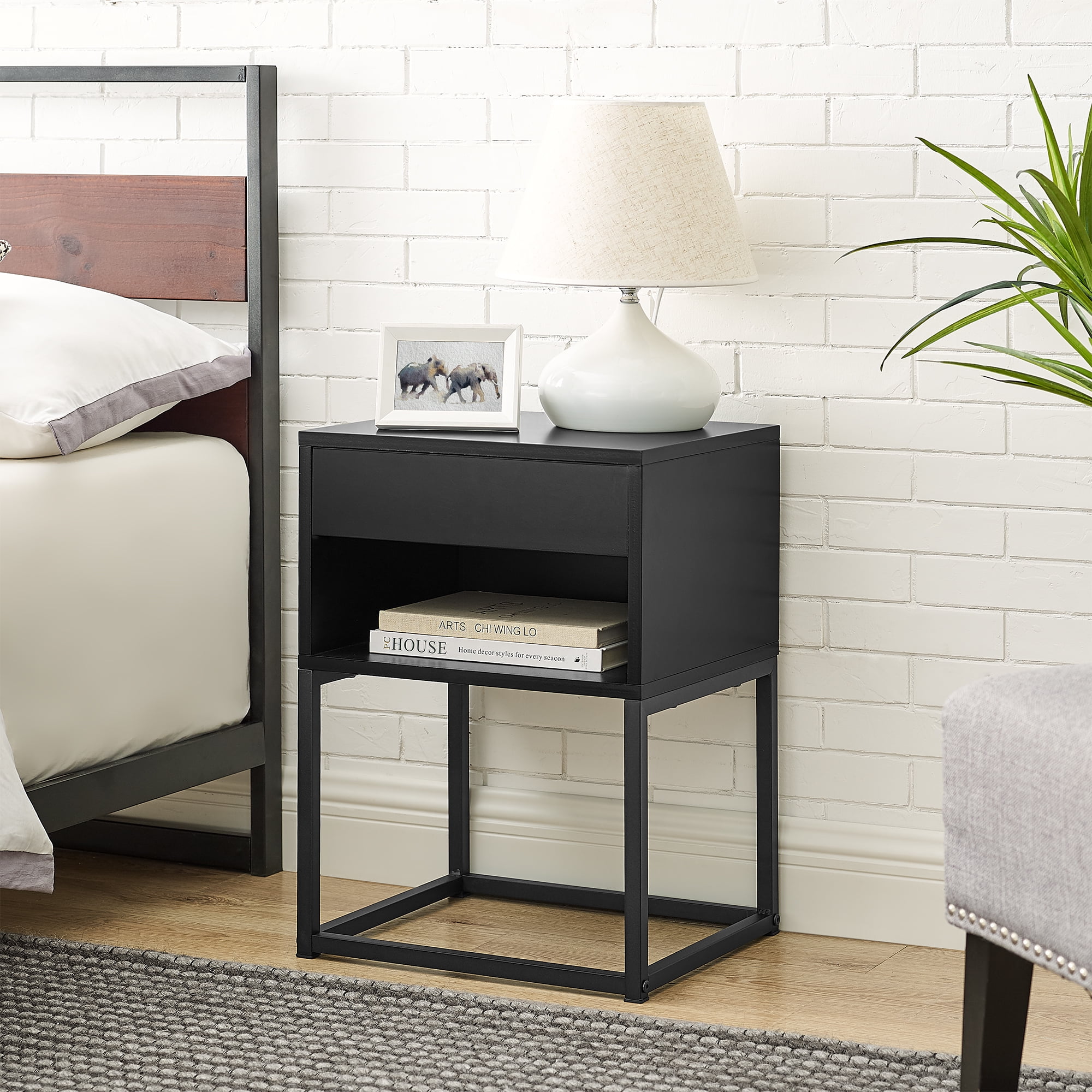 BIKAHOM Zany Nightstand Side Table Modern Bedside Small End Table with Shelf Storage Drawer Wooden Living Room or Bedroom Furniture Metal Leg