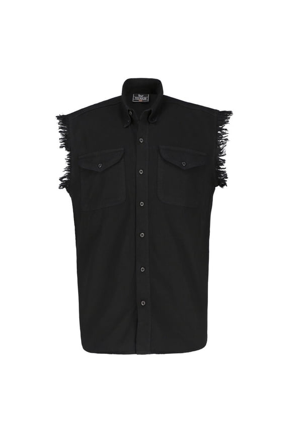 100% Cotton Denim Shirt- Sleeveless Shirt with Pockets & Cut-Off Sleeves (Black)