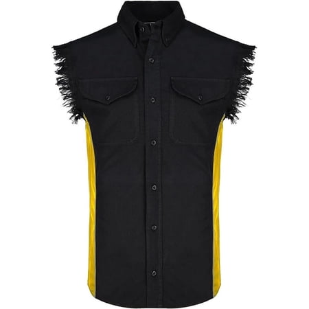 BIKER WEAR USA Men's Shirt Vertical Reflective Safety Lining Sleeveless Shirt with Pockets & Cut-Off Sleeves Black/Gold