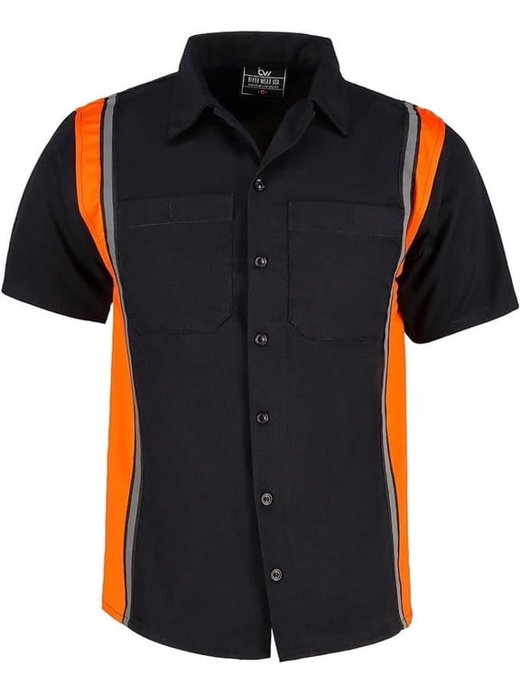 Men’s Work Shirt- Mechanical/Industrial Work Shirt with Vertical Reflective Lining Black/Orange