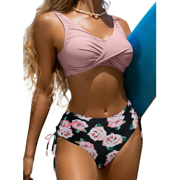 BIKINX 2 Piece Womens Modest Swimsuits High Waisted FLoral Bandeau Bikini Sets for Women Bathing Suit Swimwear S-XXL