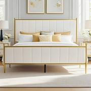 BIKOZI Full Bed Frame with Headboard, Upholstered Platform Metal Beds Frame, Easy Assembly, Noise-Free, Gold/Beige