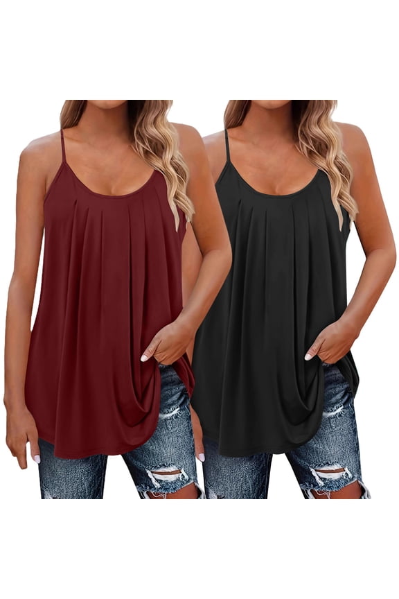 Lazy Sunday Plus Size Tank Tops 2 Pack, Loose Fit Linen Blend Spaghetti Strap Camisole Sleeveless Flowy Blouses Boho Floral Casual Comfort, Wine