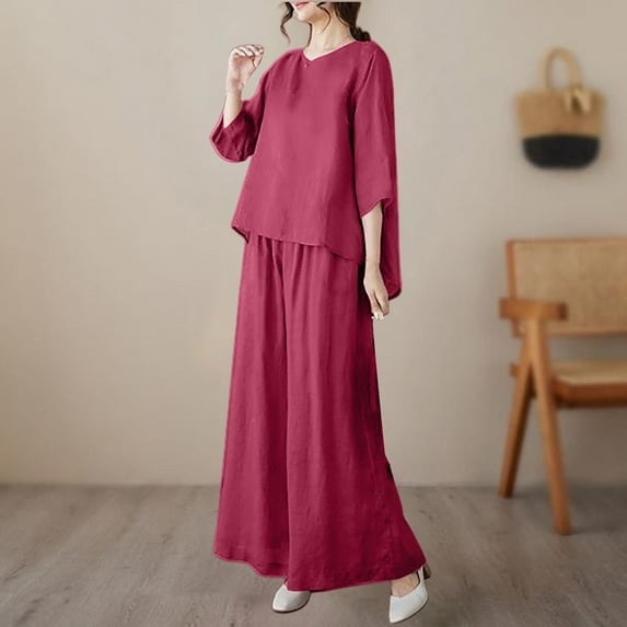 BILIKEYU Two Breathable Cotton And Linen Tops And Leg Pants Set, Womens Linen Set, Loungewear Sets Woman, Womens Pajamas Set