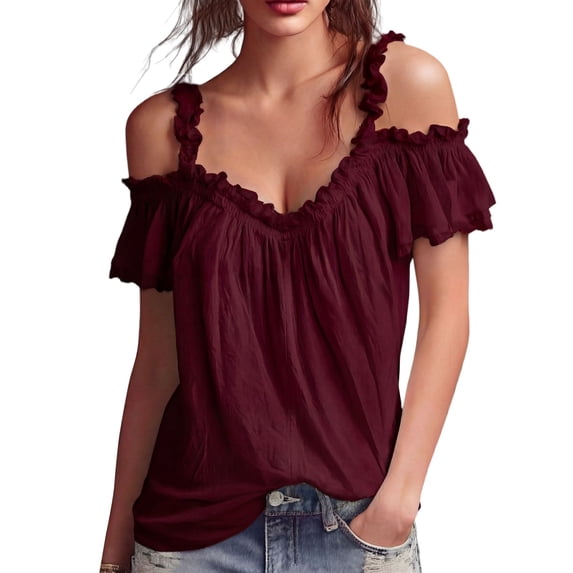 BILIKEYU Vacation Beach Outfits for Women, Off Shoulder Flutter Short Sleeve Renaissance Peasant Top Cute Summer Blouses Trendy 2026 Boho Flowy Shirts, Wine