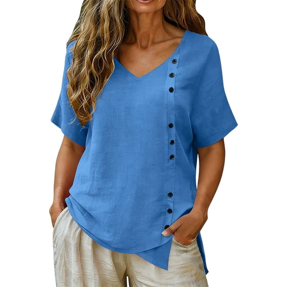 BILIKEYU Vacation Outfits for Women, Cotton Linen Button Down Blouse ...