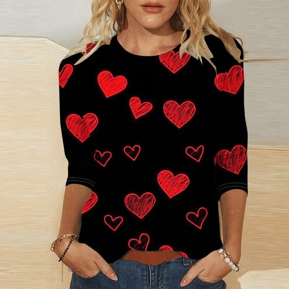 BILIKEYU Valentine Shirts for Women Love Heart Tshirt Valentine's Tee Shirt Casual Lover 3/4 Sleeve Sleeve Tops, Women Fall Clothes, 3/4 Sleeve Tops for Women, Valentine Day Shirts for Women
