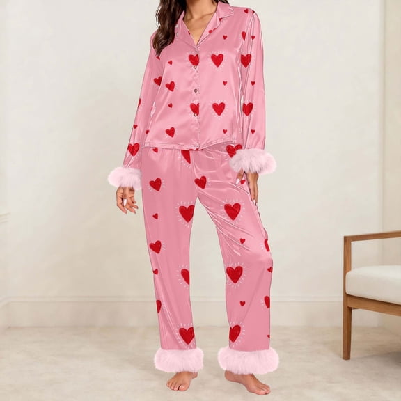 Women Cute Heart Silk Satin Valentines Day Pajamas Set Button Down Shirt Pants Cute Heart Print Pjs Lounge Set Sleepwear