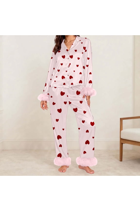 Women Cute Heart Silk Satin Valentines Day Pajamas Set Button Down Shirt Pants Cute Heart Print Pjs Lounge Set Sleepwear