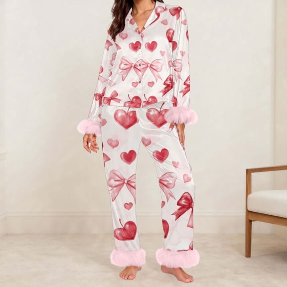 Women Cute Heart Silk Satin Valentines Day Pajamas Set Button Down Shirt Pants Cute Heart Print Pjs Lounge Set Sleepwear
