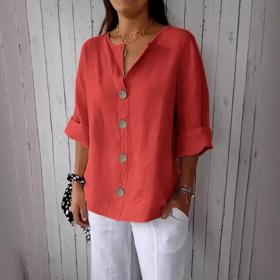 BILIKEYU Women Tops 3/4 Sleeve Cotton Linen Shirts, Women Blouses, 3/4 Length Sleeve Womens Tops, Casual Shirts for Women