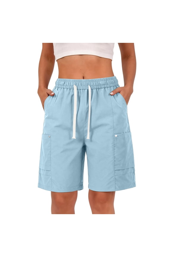 Women's Bermuda Shorts Knee Length with Pockets Casual Elastic Drawstring Waist Comfy Casual Bermuda Shorts, Sky Blue