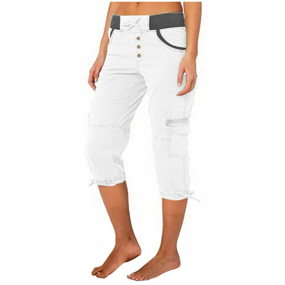 BILIKEYU Women's Cargo Capris Hiking Pants, Cotton Pants Women Summer, Linen Capris for Women Petite, Lightweight Summer Pants Women