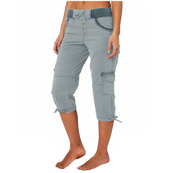 BILIKEYU Women's Cargo Capris Hiking Pants, Cotton Pants Women Summer, Linen Capris for Women Petite, Lightweight Summer Pants Women