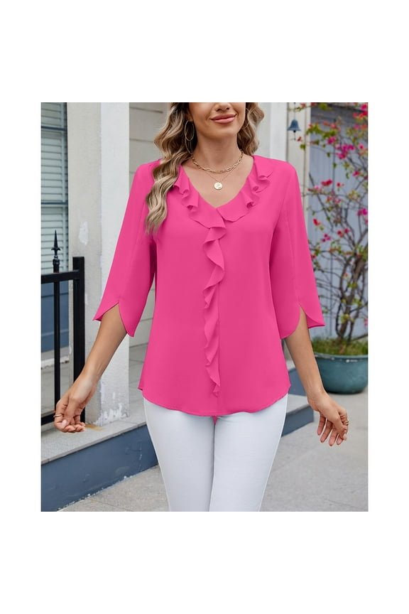 Women's Casual 3/4 Sleeve Henley V-Neck Button Up Pleated Back Blouses Swiss Dot Blouse Tops T-Shirts, Long Sleeve Shirts For Women, Womens Tops Casual, Plain Tshirts For Women